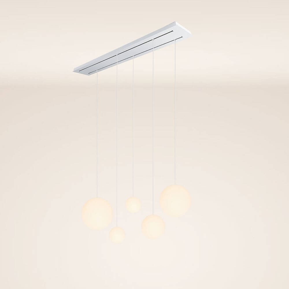 s.luce Orb 5-flammige Esstischlampe 2-reihig 160cm mit eleganten Glaskugeln, ideal für stilvolle Räume.