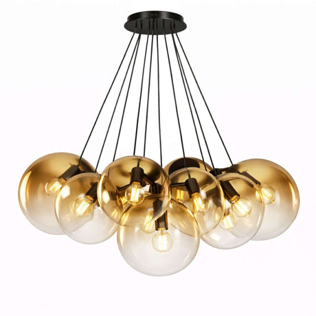 s.luce Orb Cluster Glas-Pendelampe 13-flammig 13x30cm in eleganter Anordnung mit goldenen Glaskugeln, ideal für stilvolle Wohnzimmer.
