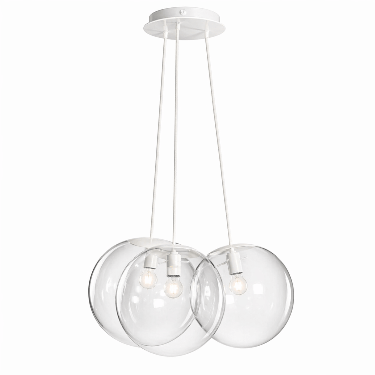 s.luce Orb Cluster Glas-Pendelleuchte 3-flammig 3x30cm mit drei transparenten Glaskugeln auf weißem Baldachin.