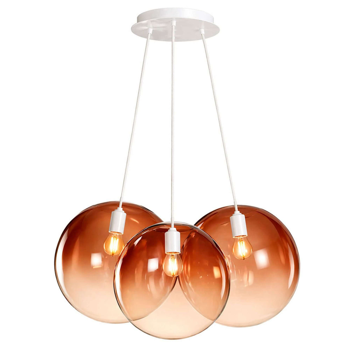 s.luce Orb Cluster Glas-Pendelleuchte 3-flammig 3x30cm mit drei mundgeblasenen Glaskugeln in kupferfarbenem Design.