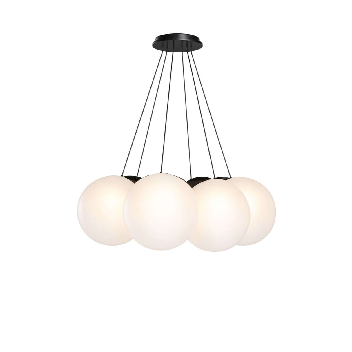 s.luce Orb Cluster Glas-Hängelampe 7-flammig 7x50cm mit sechs weißen Glaskugeln für den modernen Esstisch.