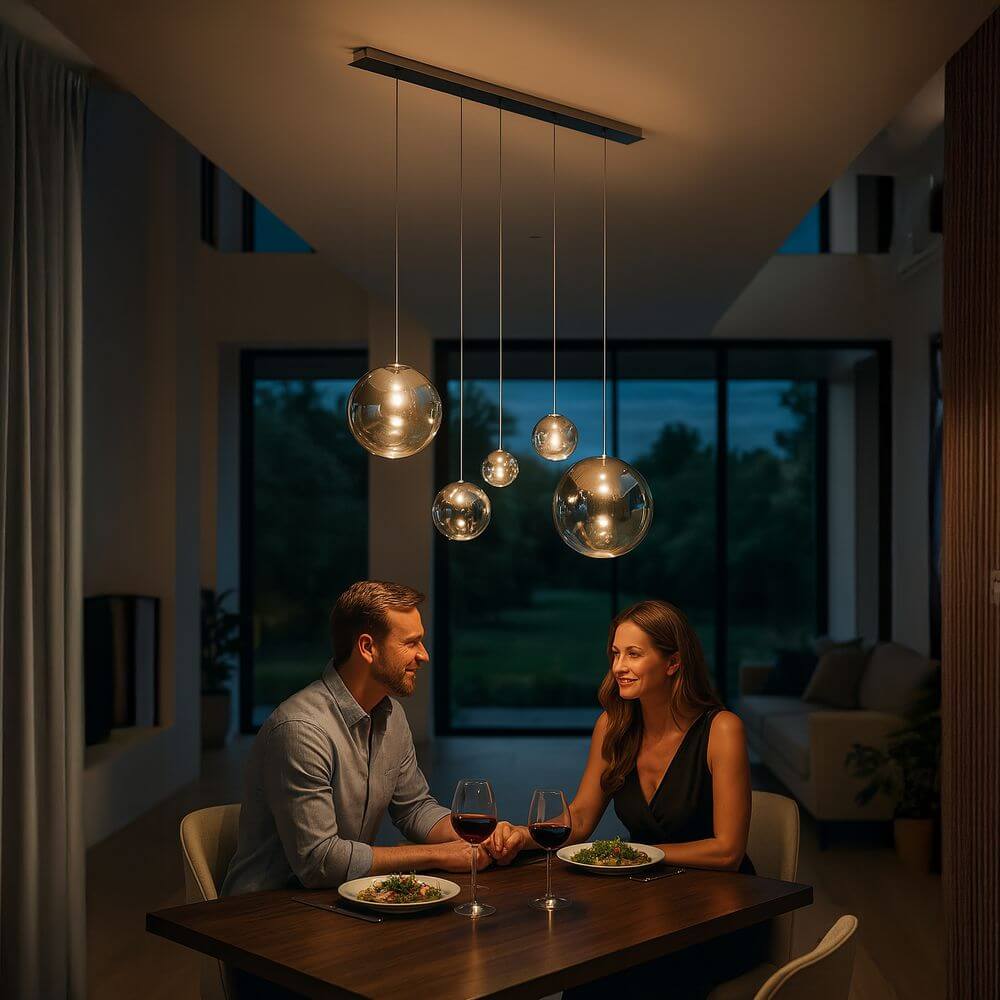 s.luce Orb Esstisch-Hängeleuchte 5-flammig 160cm über einem romantischen Dinner-Tisch bei Abendbeleuchtung.