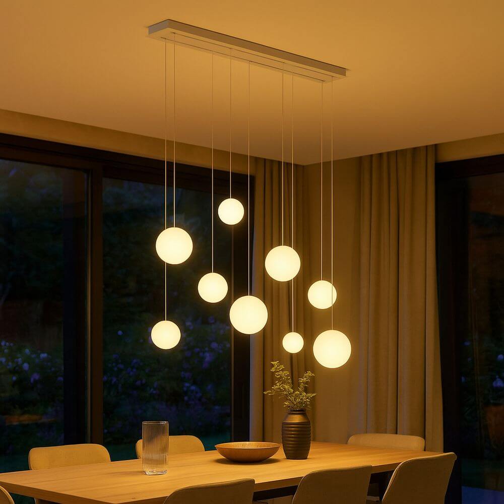 s.luce Orb Esstisch-Hängeleuchte 5-flammig 160cm über einem Esstisch in modernem Wohnzimmer.