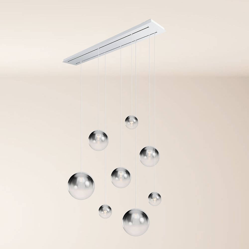 s.luce Orb Esstischleuchte 8-flammig 160cm 2-reihig mit modernen Kugeln und elegantem Design.