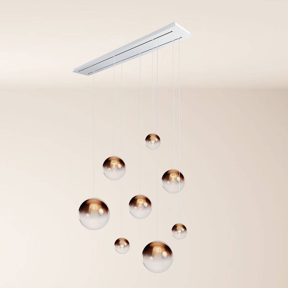 s.luce Orb Esstischleuchte 8-flammig 160cm 2-reihig mit eleganten hängenden Glaskugeln im modernen Design.