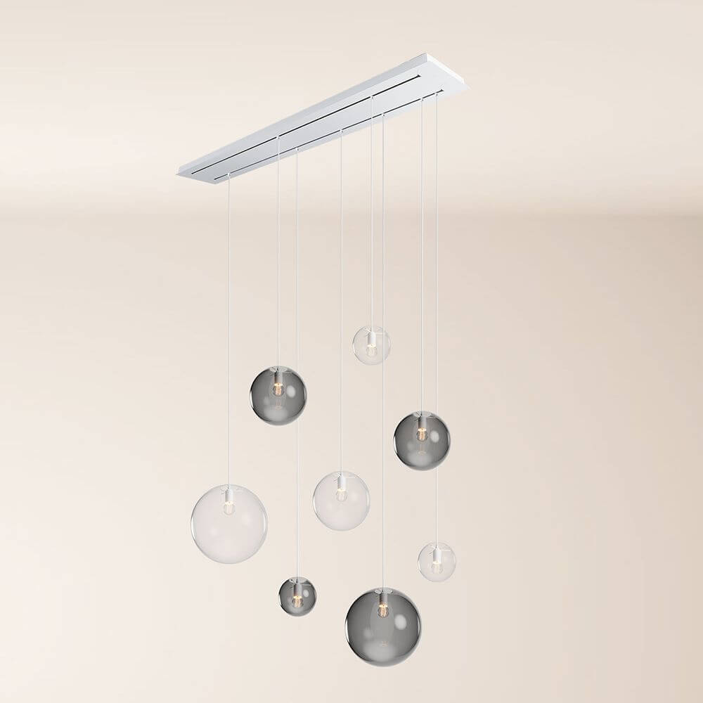 s.luce Orb Esstischleuchte 8-flammig 160cm 2-reihig in modernem Design mit schwebenden Glaskugeln.