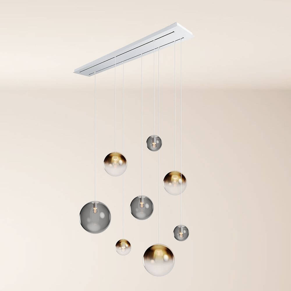 s.luce Orb Esstischleuchte 8-flammig 160cm 2-reihig mit eleganten hängenden Glaskugeln