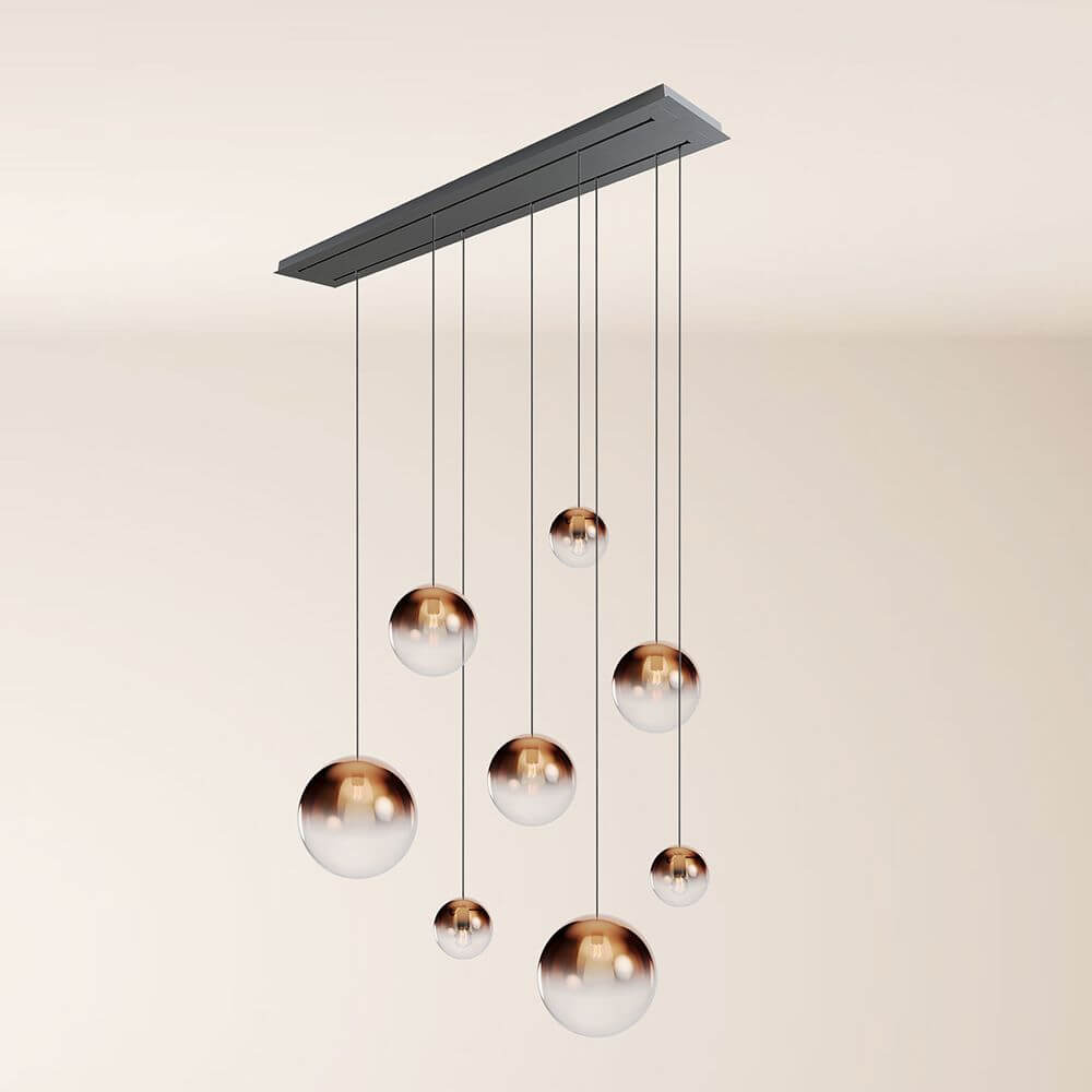 s.luce Orb Esstischleuchte 8-flammig 160cm 2-reihig mit modernen hängenden Glaskugeln