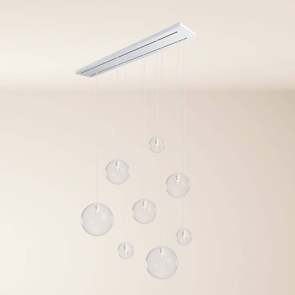 s.luce Orb Esstischleuchte 8-flammig 160cm 2-reihig - moderne Pendelleuchte mit 8 Glaskugeln und flexiblem Design.