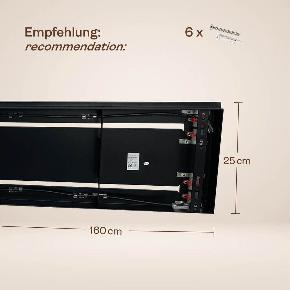 s.luce Orb Esstischleuchte 8-flammig 160cm 2-reihig Montageansicht mit Schrauben und Abmessungen