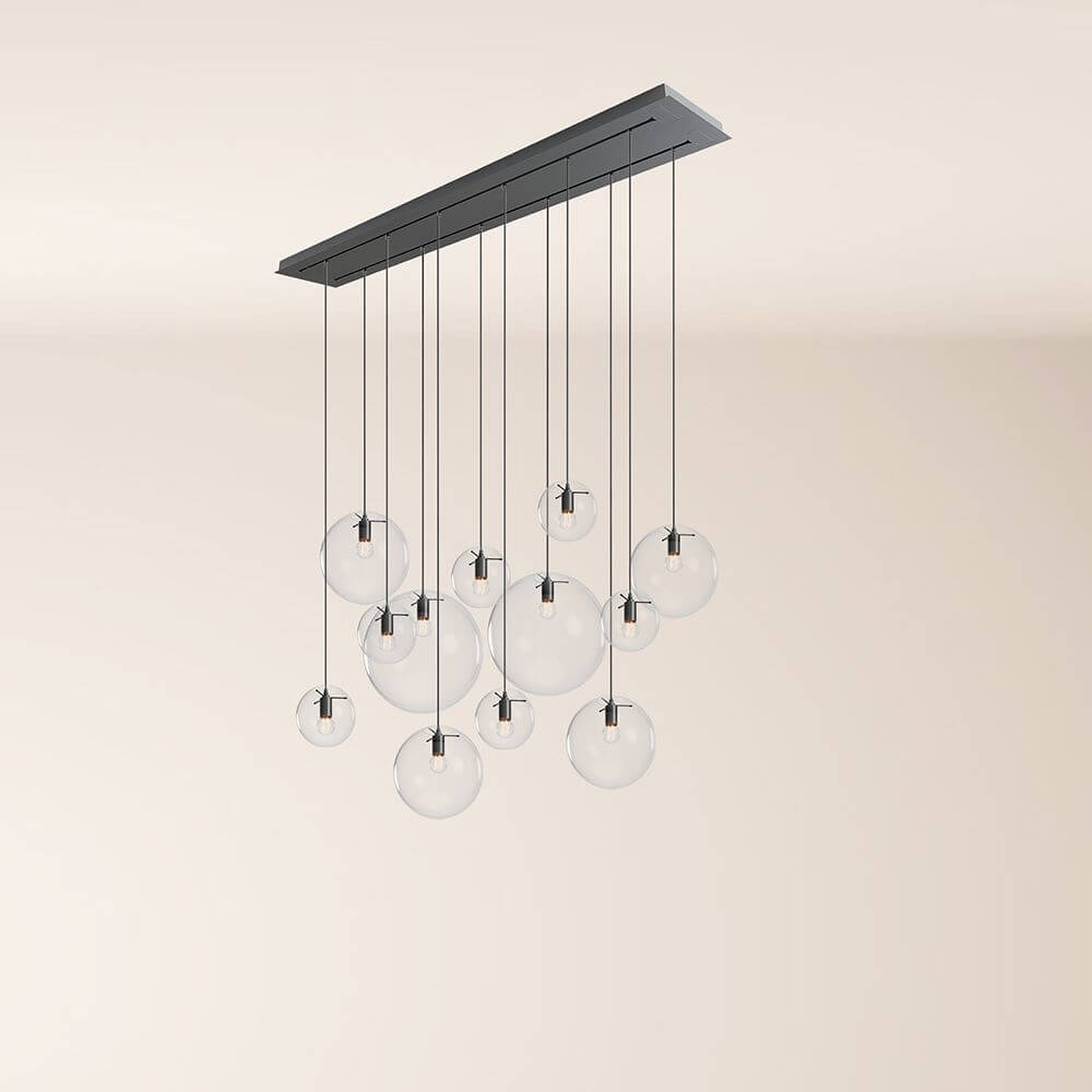 s.luce Orb Esszimmerlampe 12-flammig 160cm 2-reihig in moderner Pendelleuchten-Optik mit gläsernen Kugeln
