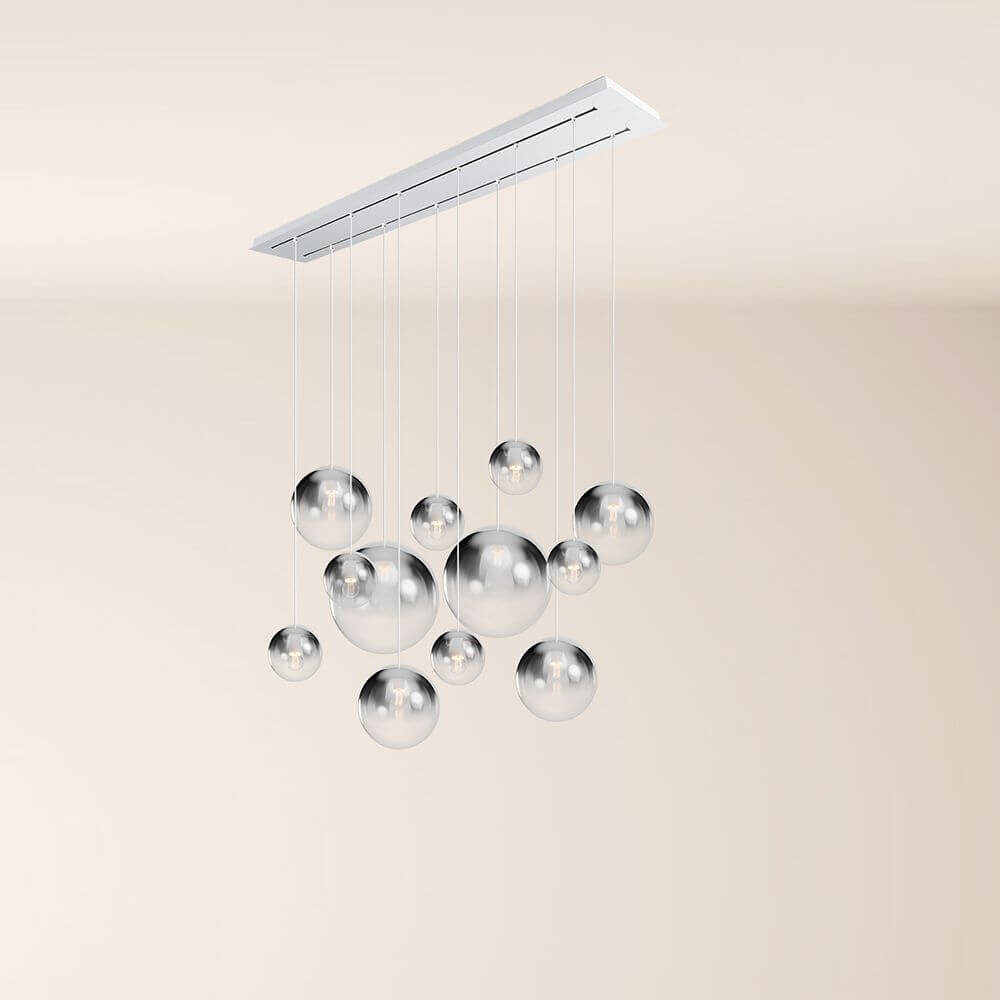 s.luce Orb Esszimmerlampe 12-flammig 160cm 2-reihig in modernem Design mit hängenden Kugeln.