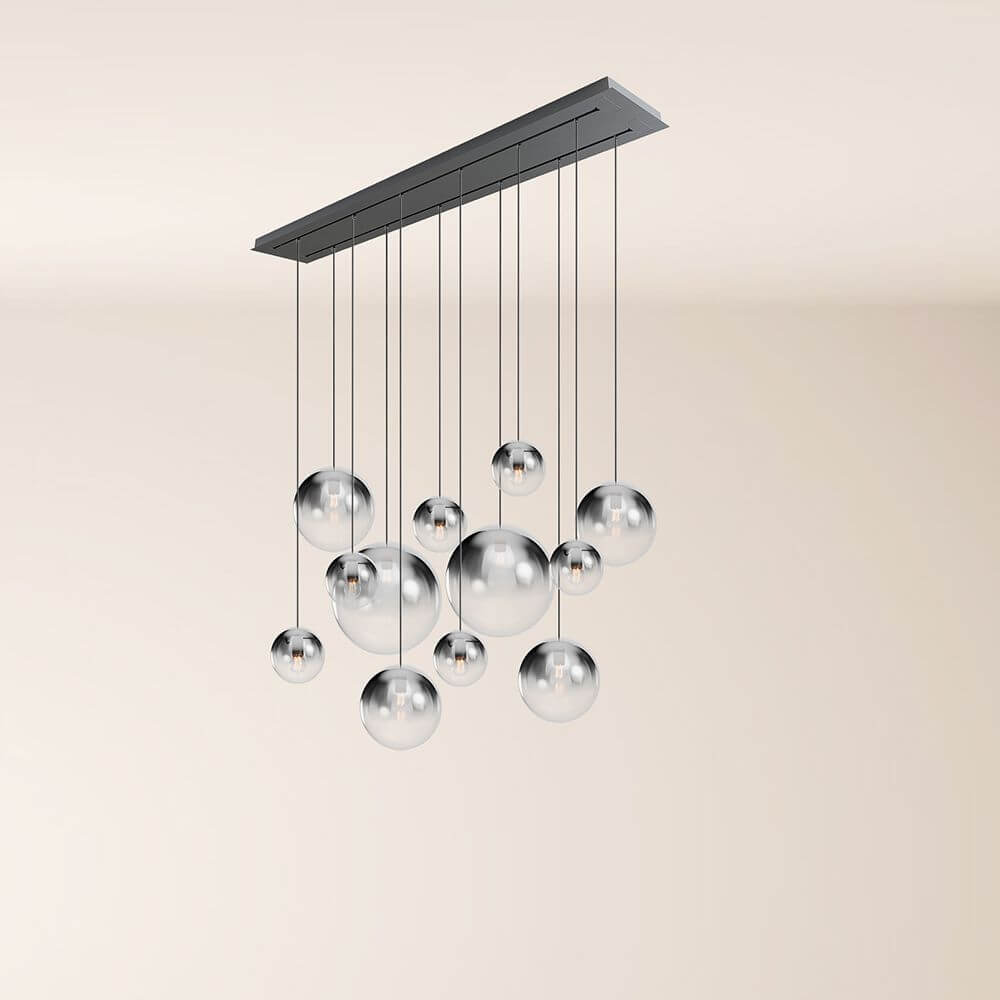 s.luce Orb Esszimmerlampe 12-flammig 160cm 2-reihig mit modernen hängenden Metallkugeln.