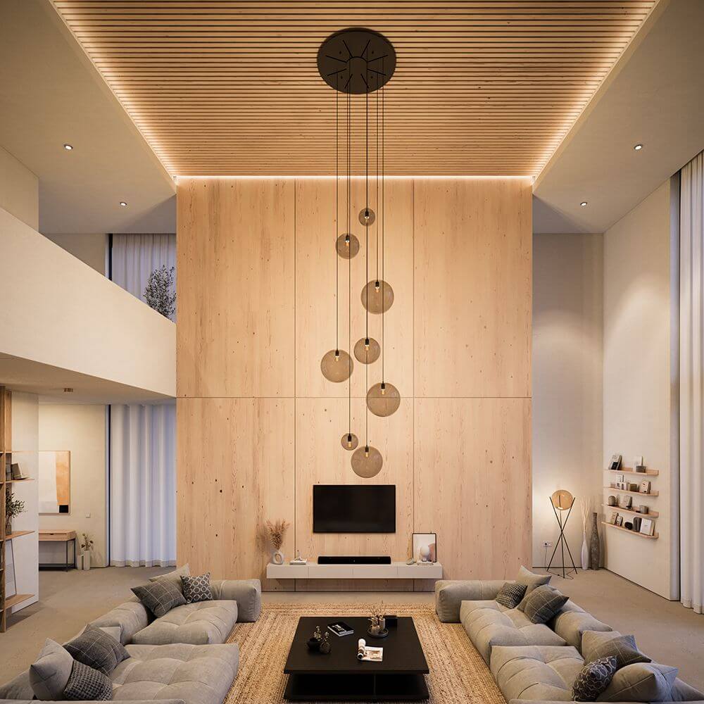 s.luce Orb galerielamp 8-vlamig Modular in moderne woonkamer met houten plafond en smaakvol ontwerp.