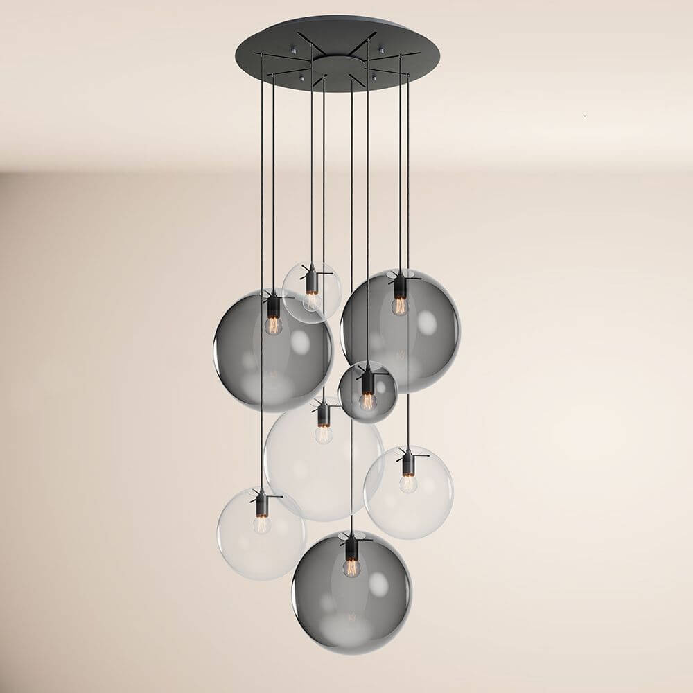 s.luce Orb Galerie lamp 8-vlamig Modular - elegante hanglamp met 8 glazen bollen en modern plafondplaat.