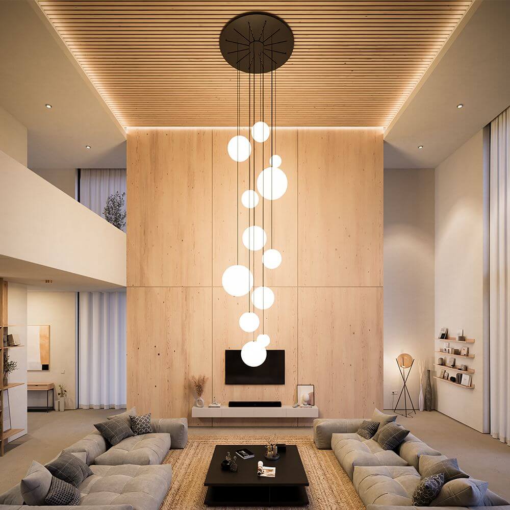 s.luce Orb 12-flammige Modular Pendelleuchte über moderner Wohnlandschaft in stilvollem Innenraum