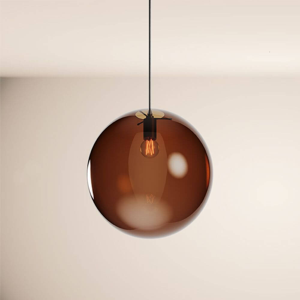 s.luce Orb Glaskugel Galerieleuchte 500cm Aufhängung Schwarz mit rauchfarbener Glaskugel und minimalistischen Design.