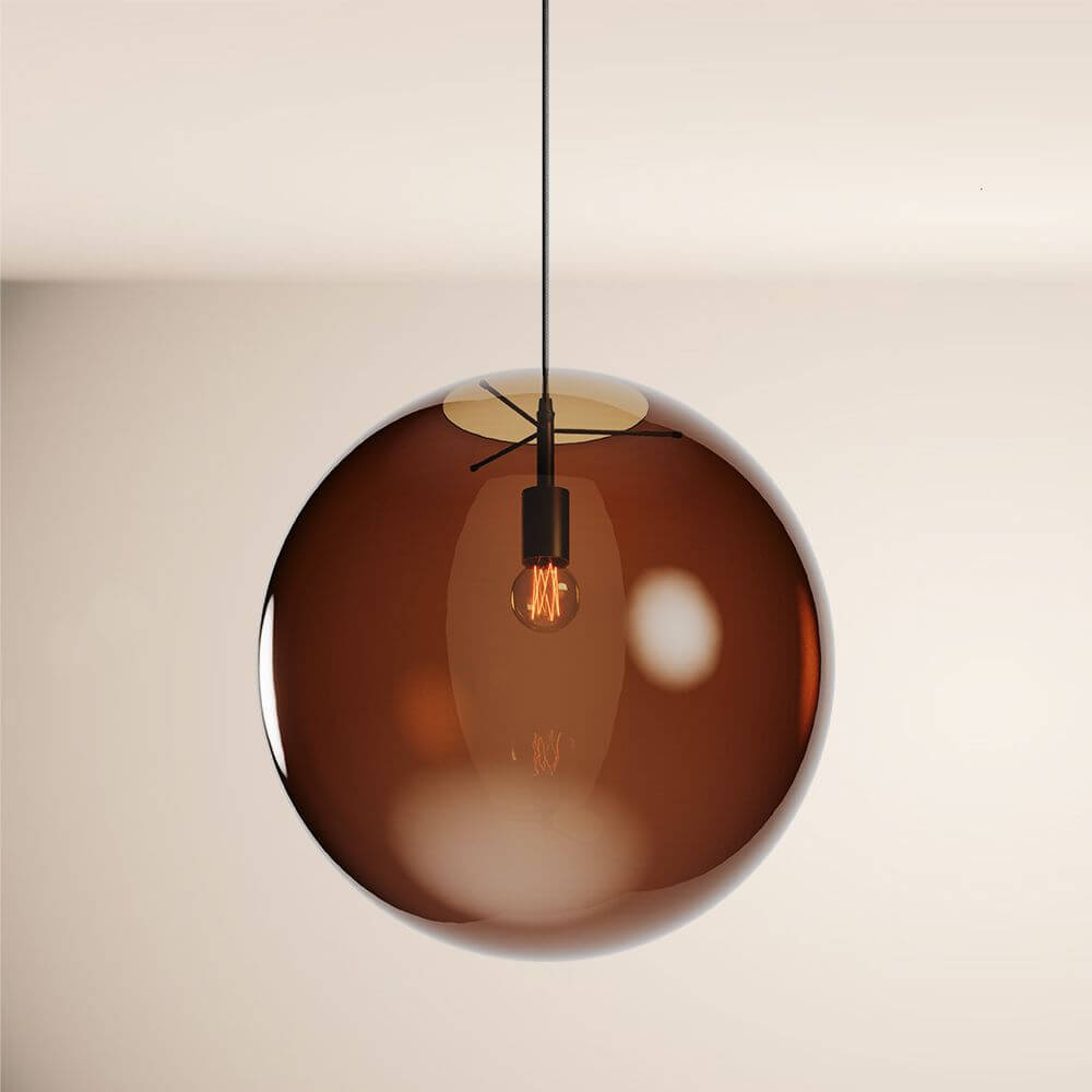 s.luce Orb Glaskugel Hängelampe 150cm Aufhängung Schwarz in elegantem Design mit bronzefarbenem Glas und minimalistischer Aufhängung.