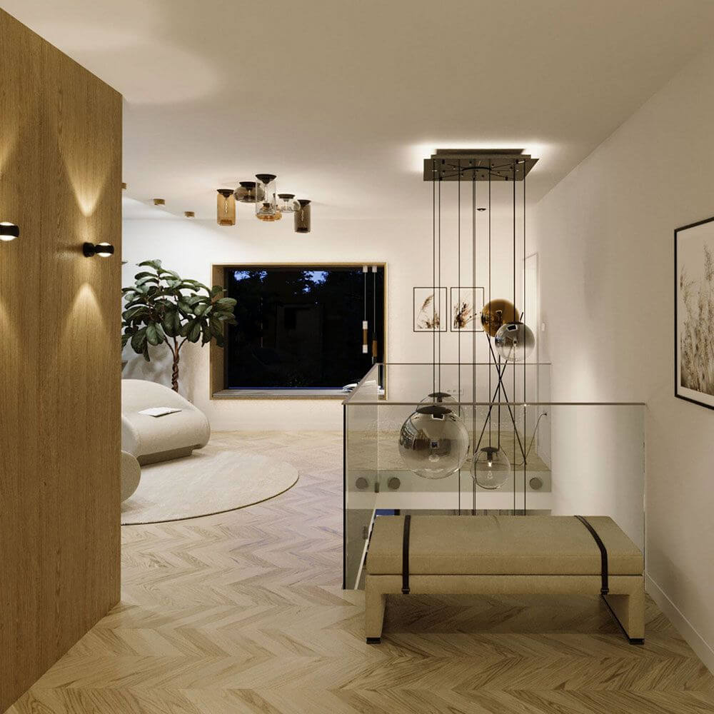 s.luce Orb XL Galerieleuchte 8-flammig mit Modular Baldachin in modernem Wohnraum