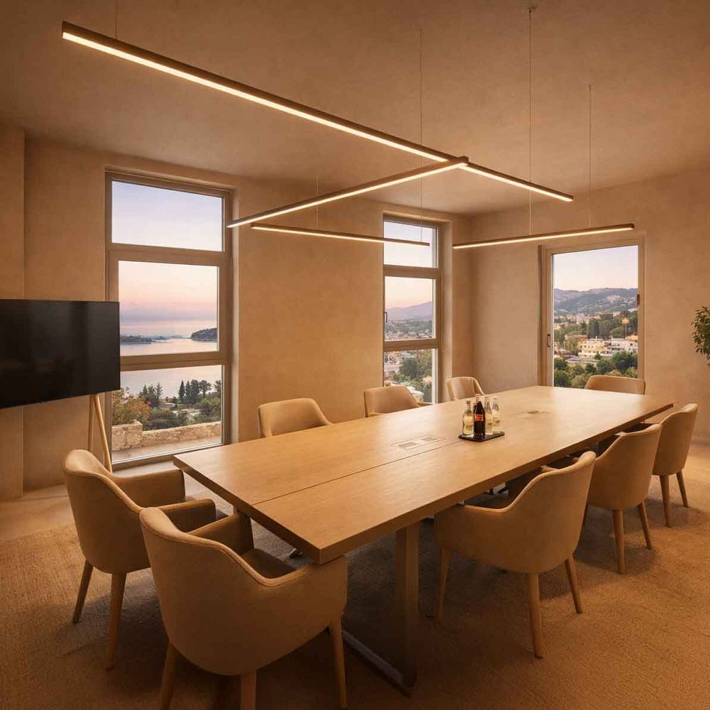 s.luce Oris LED linear lamp office pendant light XL custom-made 2700K in a modern meeting room