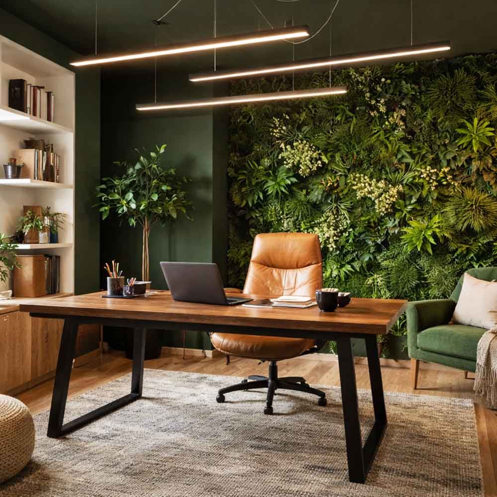 s.luce Oris LED-Linienleuchte Büro-Pendellampe XL nach Maß 4000K in modernem Büro mit Pflanzenwand.