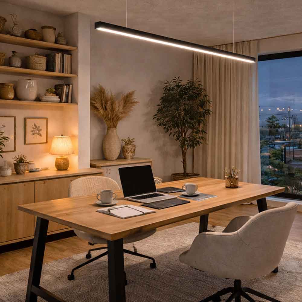 s.luce Oris LED linear light office pendant lamp XL made to measure 4000K above a modern desk.