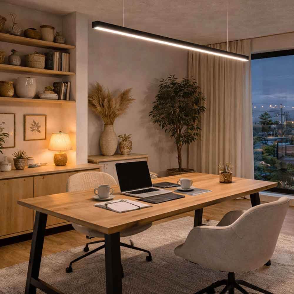 s.luce Oris LED-linielampe Kontor-hængelampe XL efter mål 4000K over et moderne skrivebord.