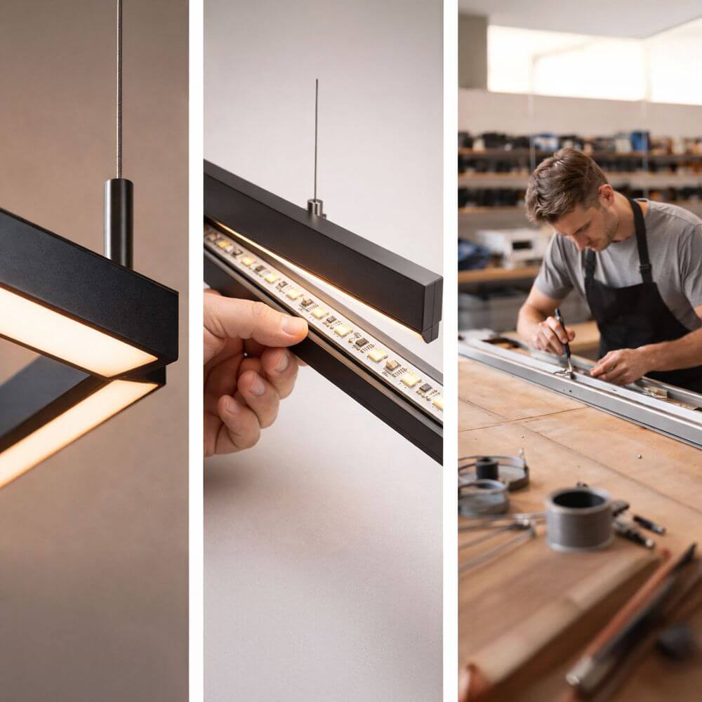 s.luce Oris LED-linielampe Kontor-hængelampe XL efter mål 4000K i detalje og montage i håndværk.