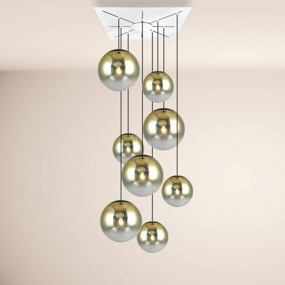 s.luce Progress XL Galerieleuchte 8-flammig mit Modular Baldachin in eleganten Glaskugeln.