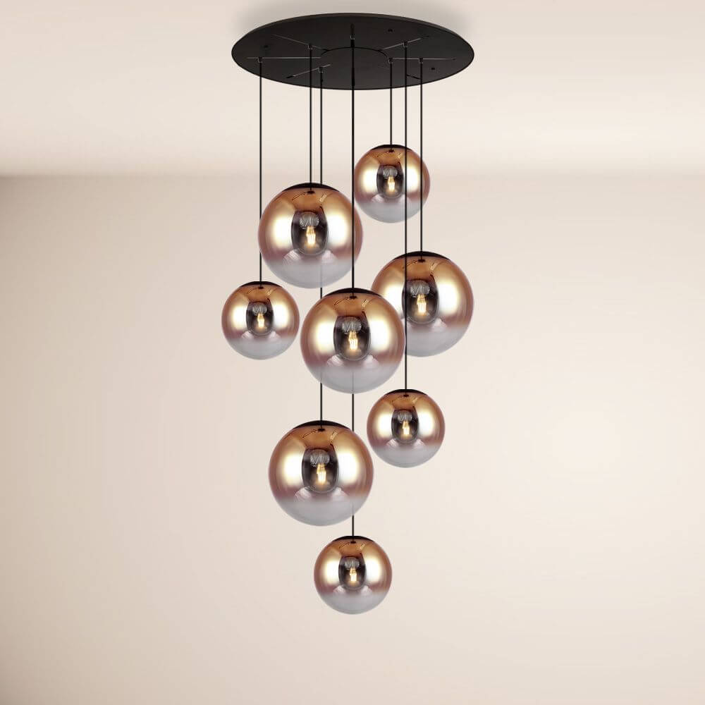 s.luce Progress XL Galerieleuchte 8-flammig mit Modular Baldachin, elegante Glaskugeln in verschiedenen Größen.