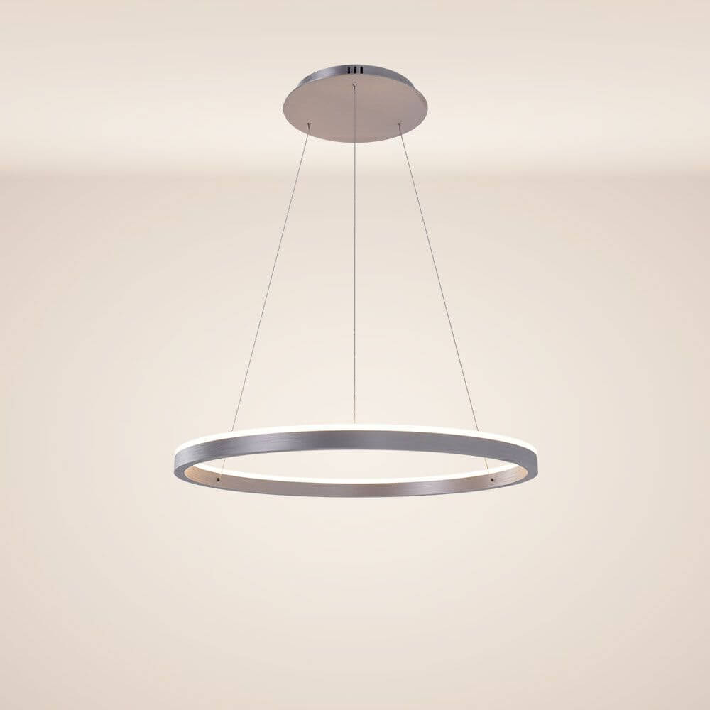 s.luce LED Ring Pendelleuchte rund Direkt oder Indirekt in modernem Design, aufgehängt mit feinen Kabeln.