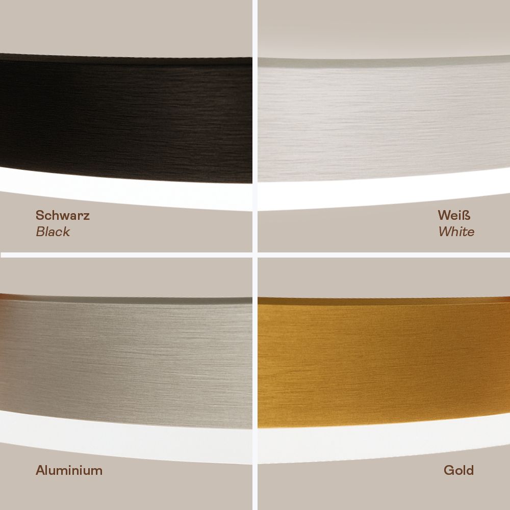 Color variants of the s.luce Ring Air LED wall light & ceiling lamp Ø 60cm in black, white, aluminum, and gold.