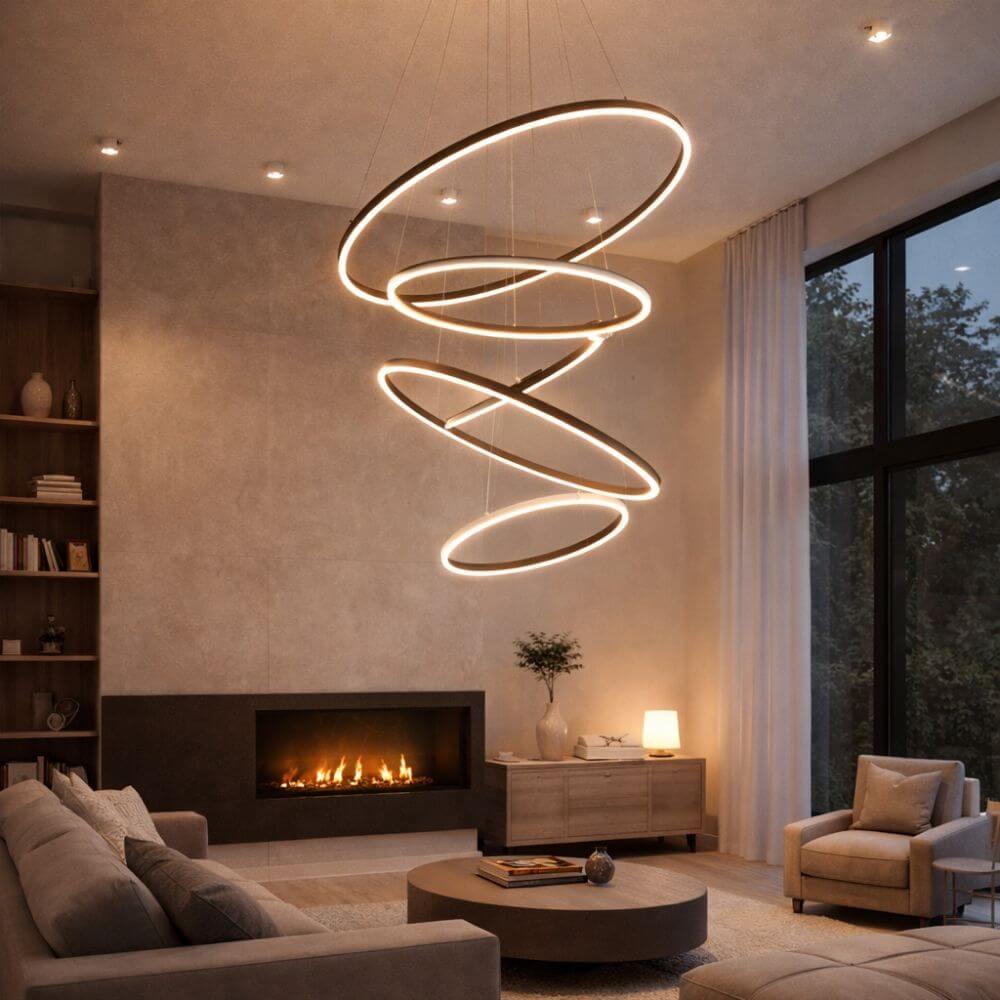 s.luce Ring Umbau zentrisch (ohne LED-Ringe) in modernem Wohnzimmer mit Kamin.