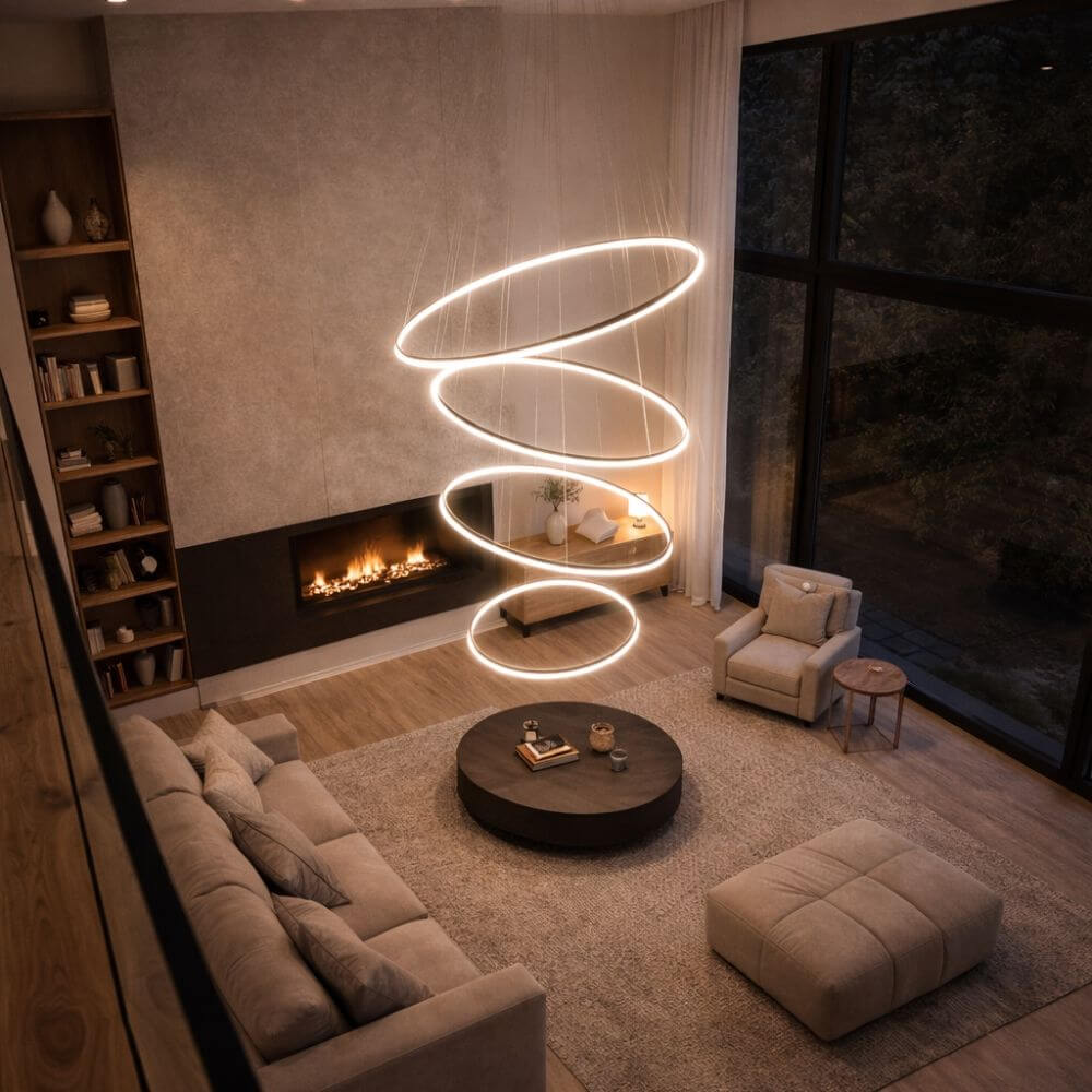 s.luce Ring Umbau zentrisch (ohne LED-Ringe) in modernem Wohnzimmer mit Kamin und Polstermöbeln.