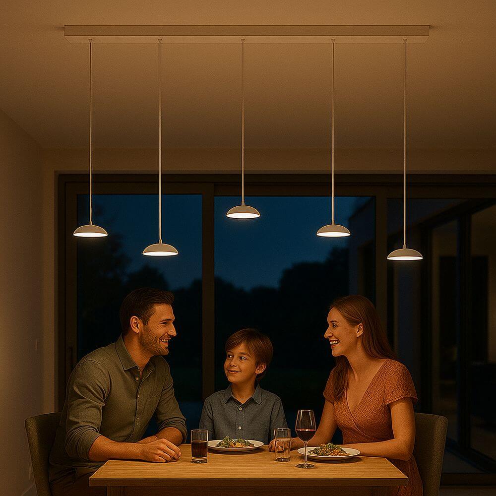 s.luce Santa Air LED Esstisch-Hängeleuchte 5-flammig 160cm über einem Esstisch mit Familie beim Abendessen.