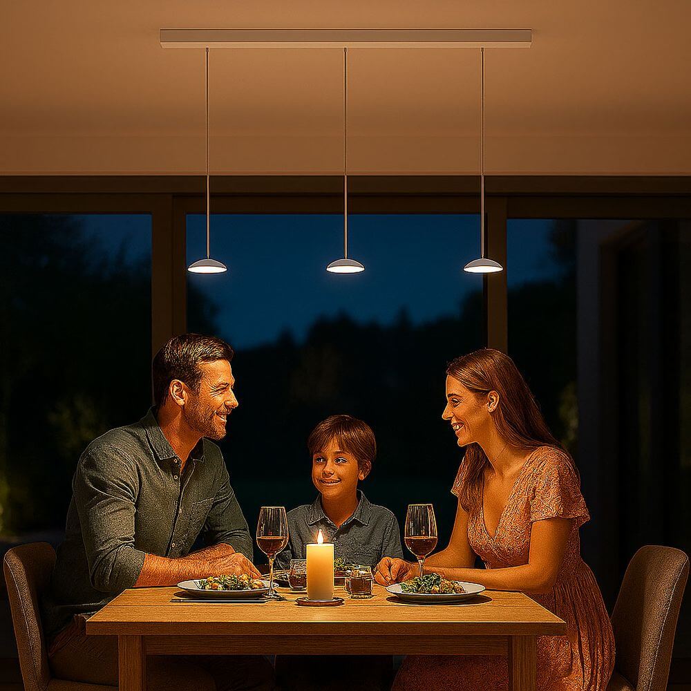 s.luce Santa Air LED Esszimmer-Pendelleuchte 3-flammig 120cm über Tisch mit Familie bei Abendessen
