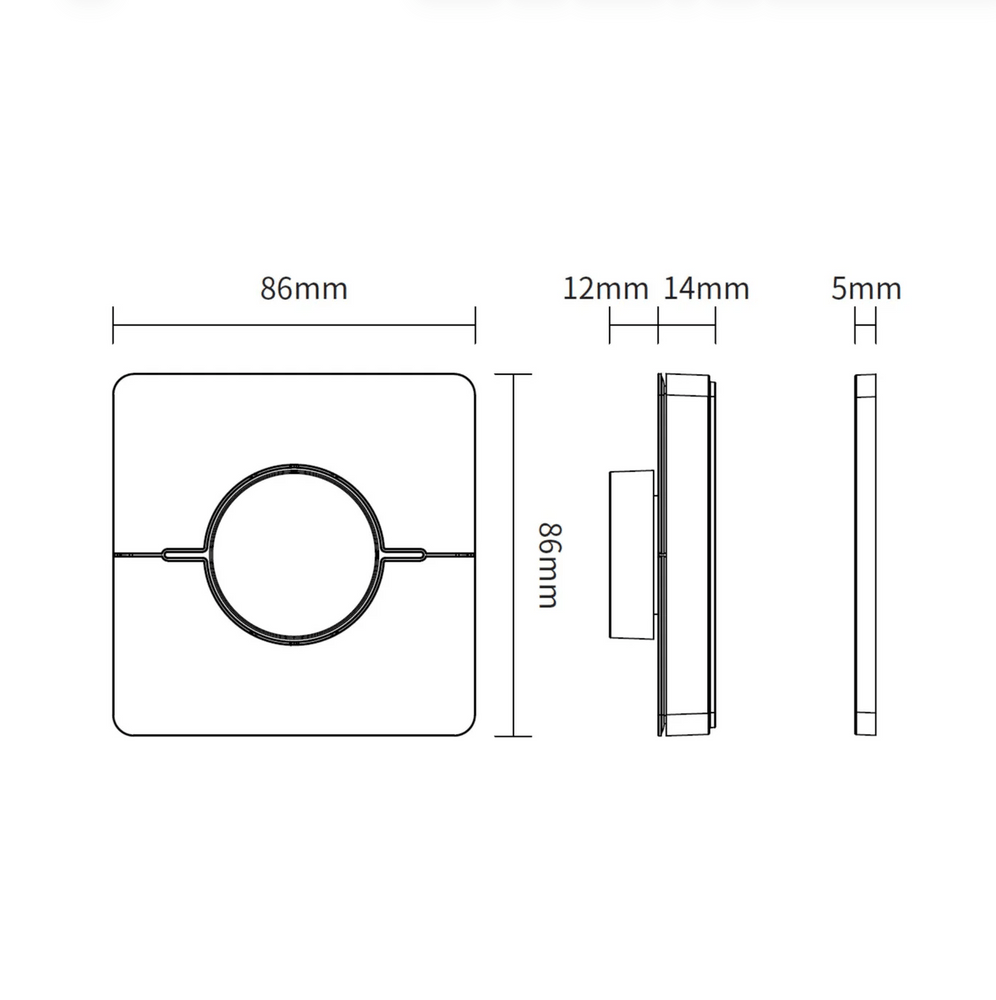 Alt Tag: s.luce Smart-Dim-Set 4-Zonen 12/24V mit Fernbedienung inkl. Einbau – technische Zeichnung Maße 86x86mm, Einbautiefe 12/14/5mm