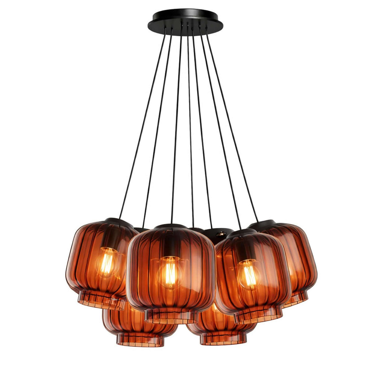 s.luce Velo Cluster Glas-Pendelleuchte 7-flammig 7x20cm in stilvollem Design mit sieben Glasleuchten in Braun.