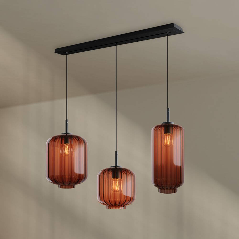 s.luce Velo Esstisch-Hängelampe 3-flammig 120cm Ø 18/20/25cm mit drei eleganten, mundgeblasenen Glasleuchten.