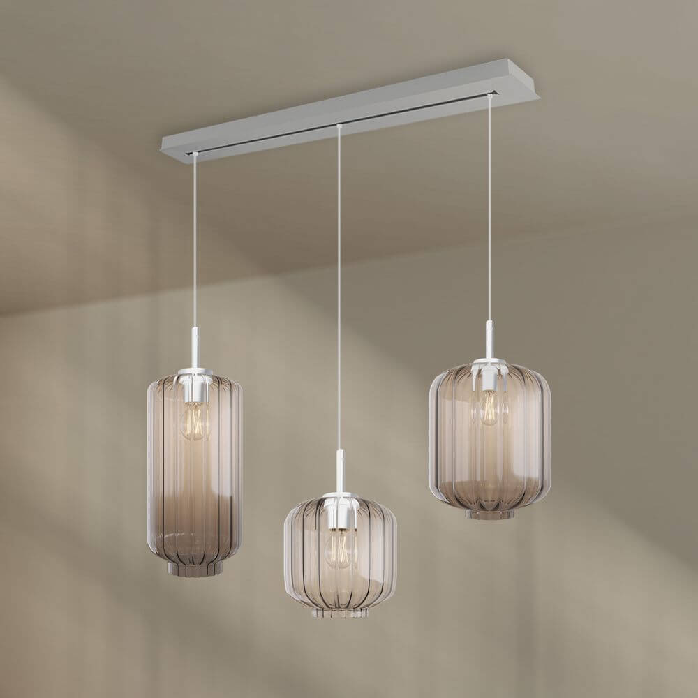 s.luce Velo Esstisch-Hängelampe 3-flammig 120cm Ø 18/20/25cm mit drei mundgeblasenen Glasleuchten.