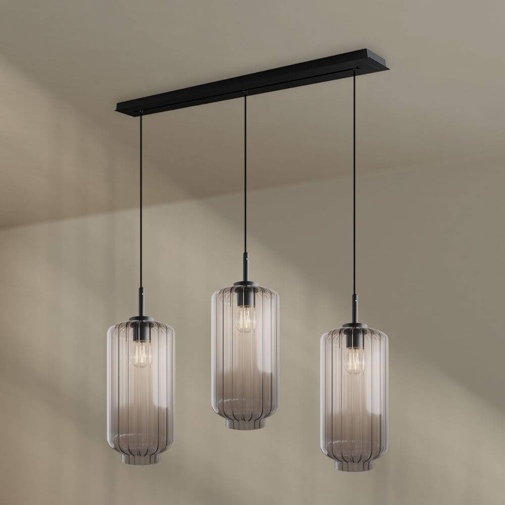 s.luce Velo Esstisch-Pendelleuchte 3-flammig 120cm Ø 18cm in modernem Design mit dreifach Glasleuchten.