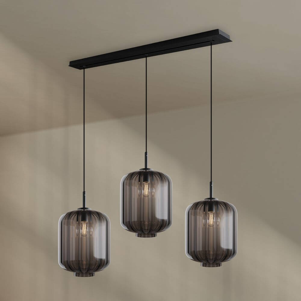 s.luce Velo Esstischleuchte 3-flammig Baldachin 120cm Ø 25cm mit eleganten Glasleuchten in Schwarz.