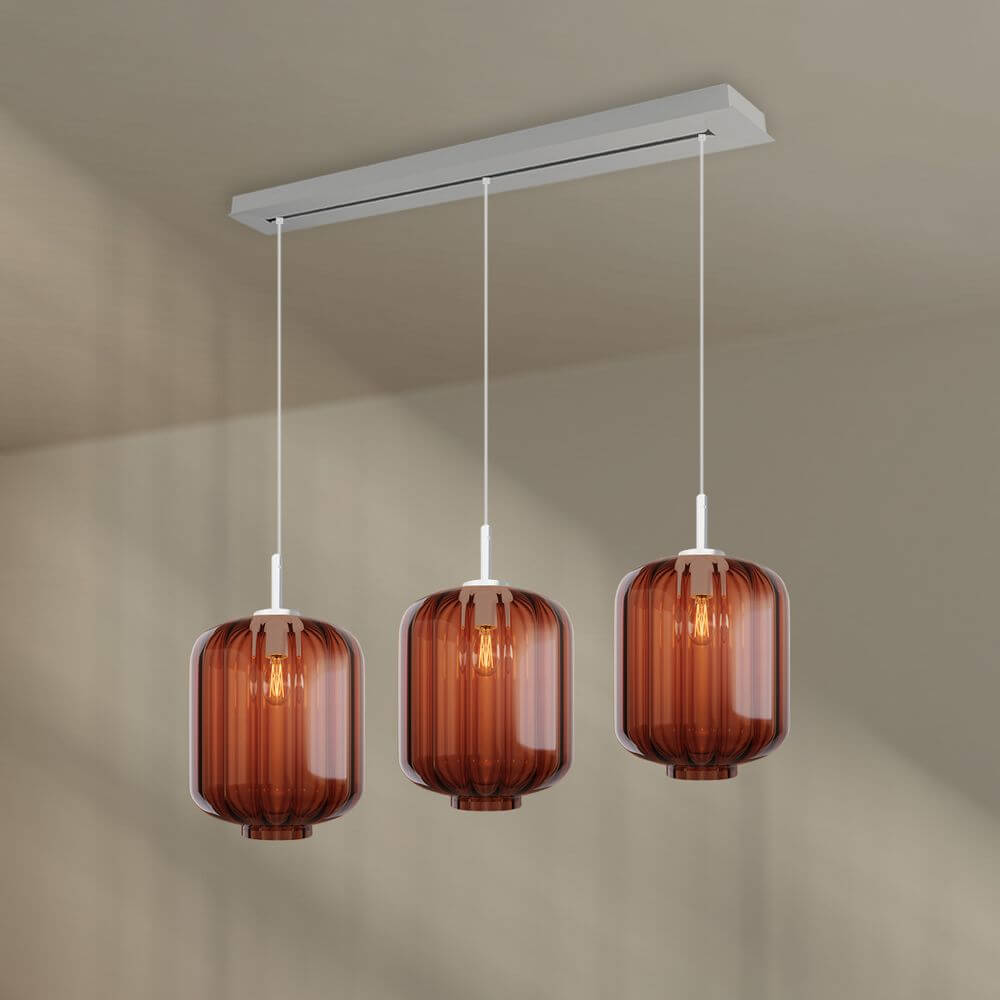 s.luce Velo Esstischleuchte 3-flammig Baldachin 120cm Ø 25cm mit drei modernen bernsteinfarbenen Glaskugeln.