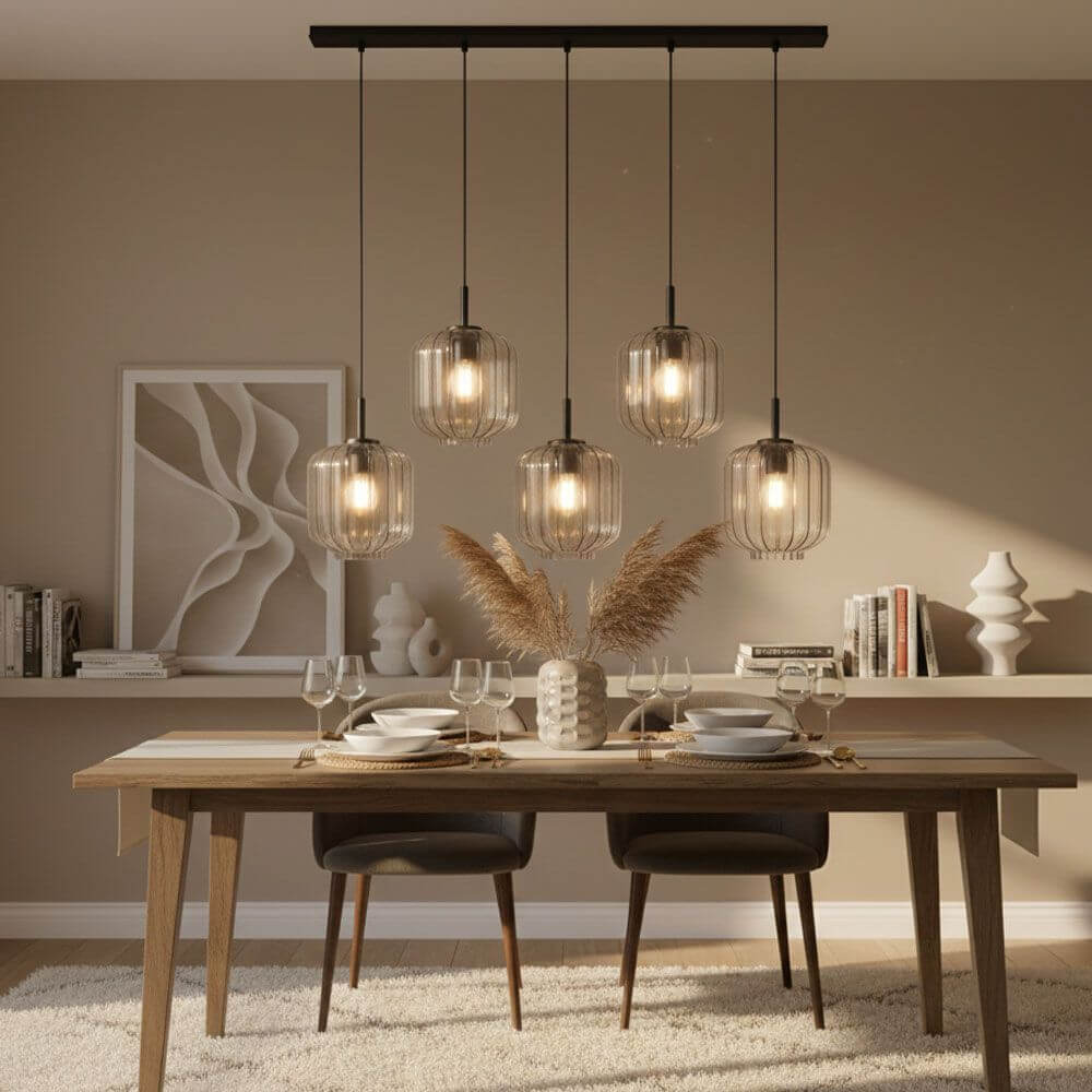 s.luce Velo Esstischlampe 5-flammig 160cm Baldachin Ø 20cm über modernem Essbereich