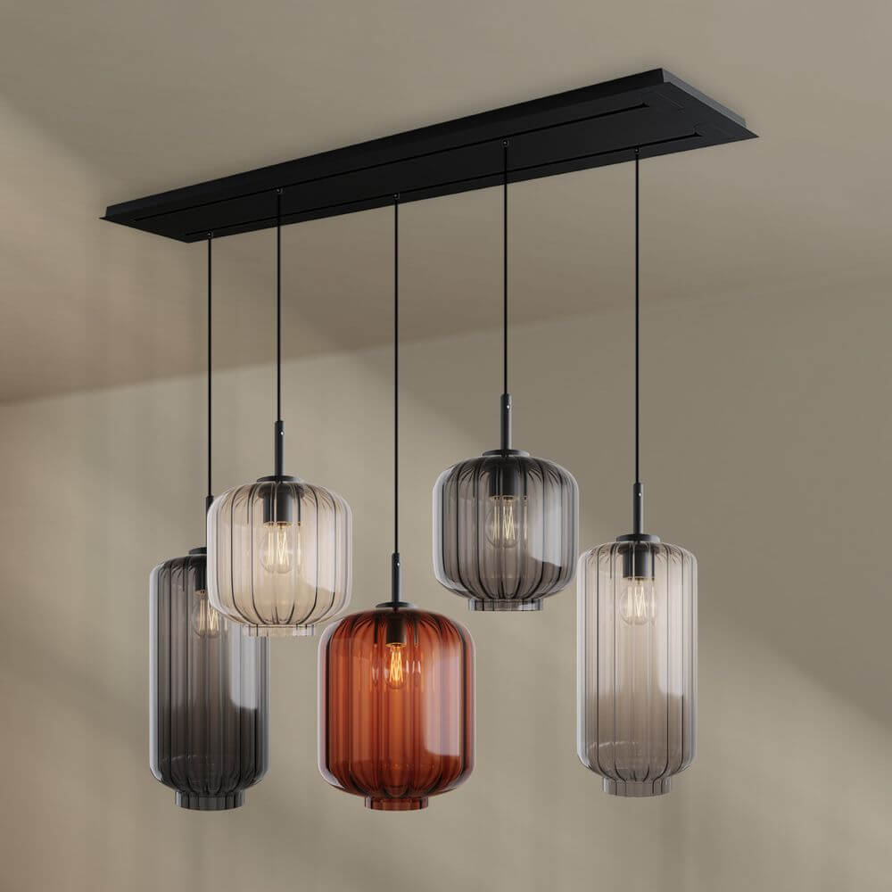 s.luce Velo Esszimmerlampe 5-flammig 2-reihig 160cm Ø 18/20/25cm mit eleganten Leuchten in verschiedenen Farben.