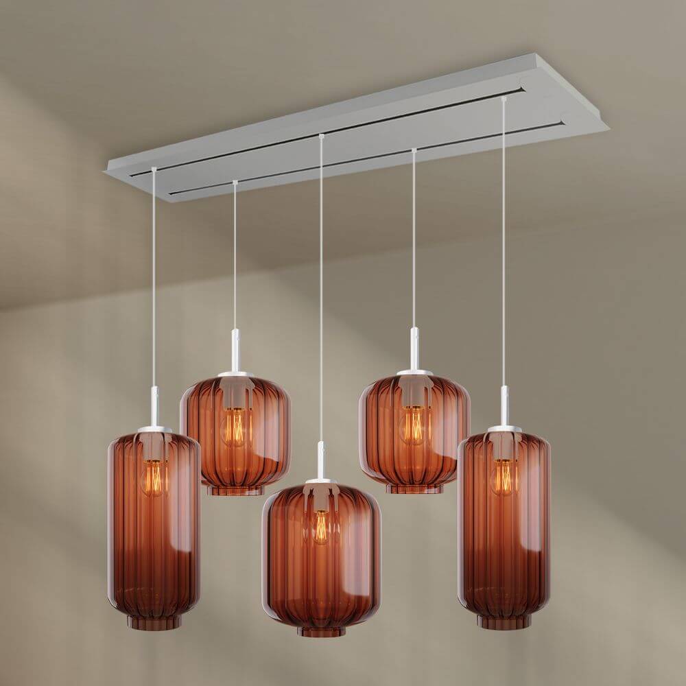 s.luce Velo Esszimmerlampe 5-flammig 2-reihig 160cm Ø 18/20/25cm mit modernen, orangefarbenen Lampenschirmen.