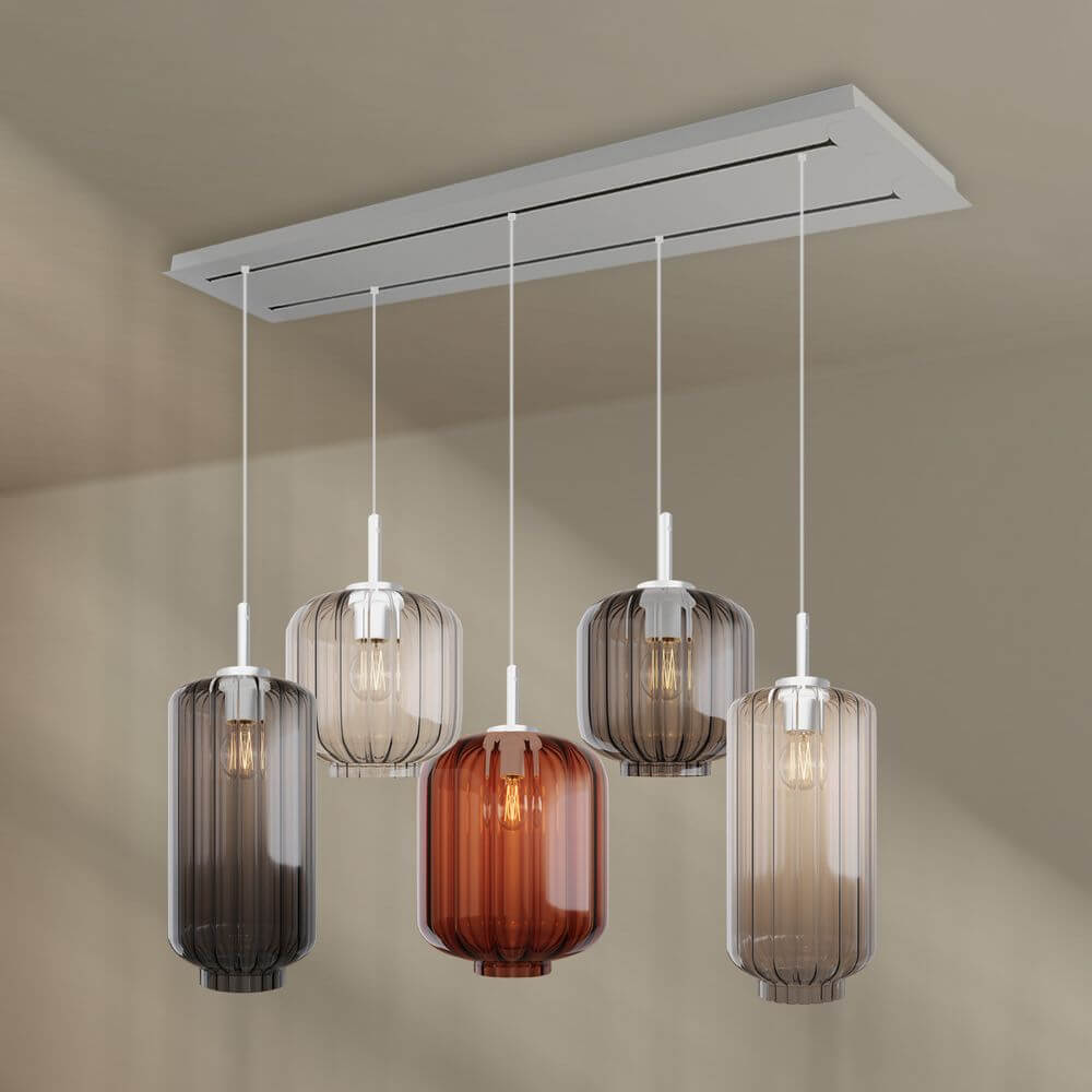 s.luce Velo Esszimmerlampe 5-flammig 2-reihig 160cm Ø 18/20/25cm mit eleganten Glaslampen in verschiedenen Farbtönen
