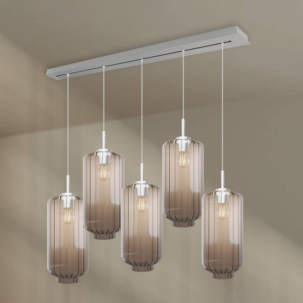 s.luce Velo Esstischleuchte 5-flammig 160cm Baldachin Ø 18cm mit fünf eleganten Glasleuchten