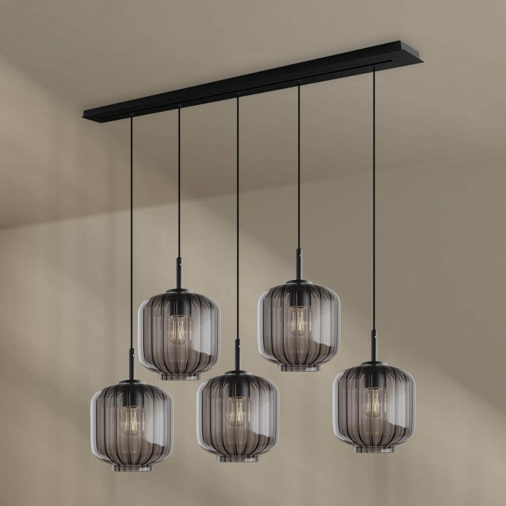 s.luce Velo Esstischlampe 5-flammig 160cm Baldachin Ø 20cm elegante Pendelleuchte mit Glasleuchten