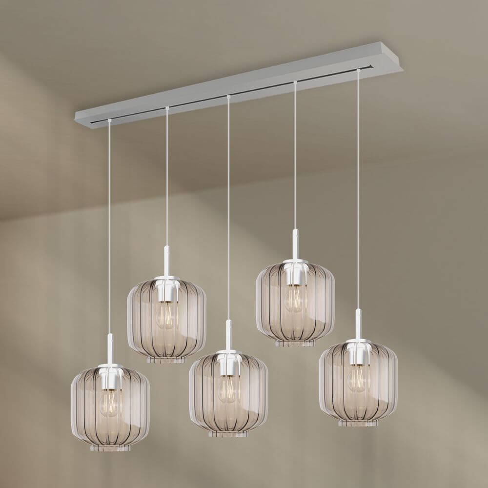 s.luce Velo Esstischlampe 5-flammig 160cm Baldachin Ø 20cm mit elegantem Glaskörper.